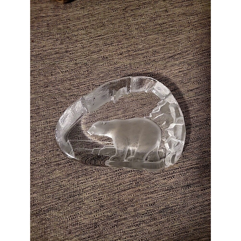 Hand Made Swedish Crystal Block Polar Bear by nybro Vtg Signed Clear Paperweight